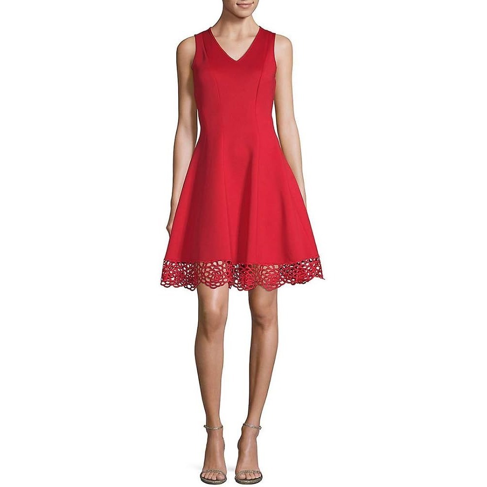 Roz & Ali Red Laser Cut Crochet Hem V-Neck Fit Flare Dress Petite 16
